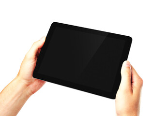 Poster - Two hands presenting a blank digital tablet, isolated on white background. Interactive presentation concept