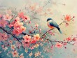 Japanische Frühlingsblüten und Vogel