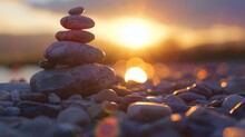 A Pile Of Pebbles By Water At Sunset,  Meditation, Peace, Mindfulness And Calm, Bokeh Background 