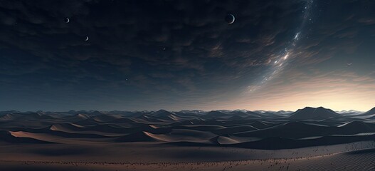 Beneath a blanket of stars, the desert unfolds with graceful sand dunes, casting surreal shadows under the enchanting night sky