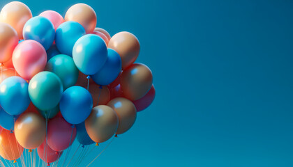 Poster - Vivid balloons in teal and salmon hues filling the sky, symbolizing joy and festivity. Generative AI