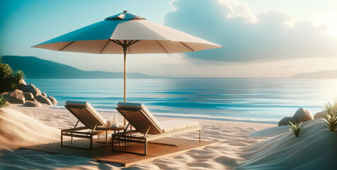 Poster - Idyllic beach scene with sunbeds and large umbrella, tranquil ocean view. Vacation and leisure concept Generative AI