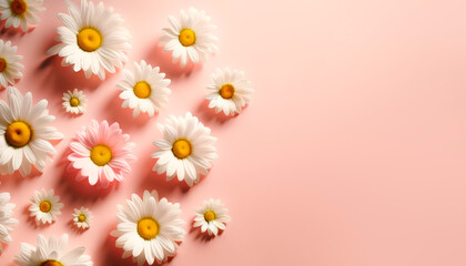 Wall Mural - Scattered white daisies on a soft pink background, light, clean design. Generative AI