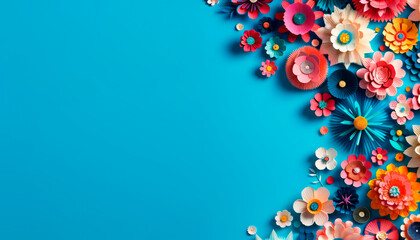 Poster - Elegant paper flowers bordering a clear blue background, creativity and design concept. Generative AI