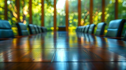 Wall Mural - Empty conference room with wooden table and chairs, blurred background, selective focus