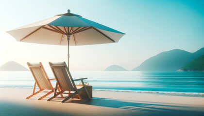 Poster - Tranquil beach morning with elegant sun loungers and umbrella, idyllic sea view. Luxury and travel concept Generative AI