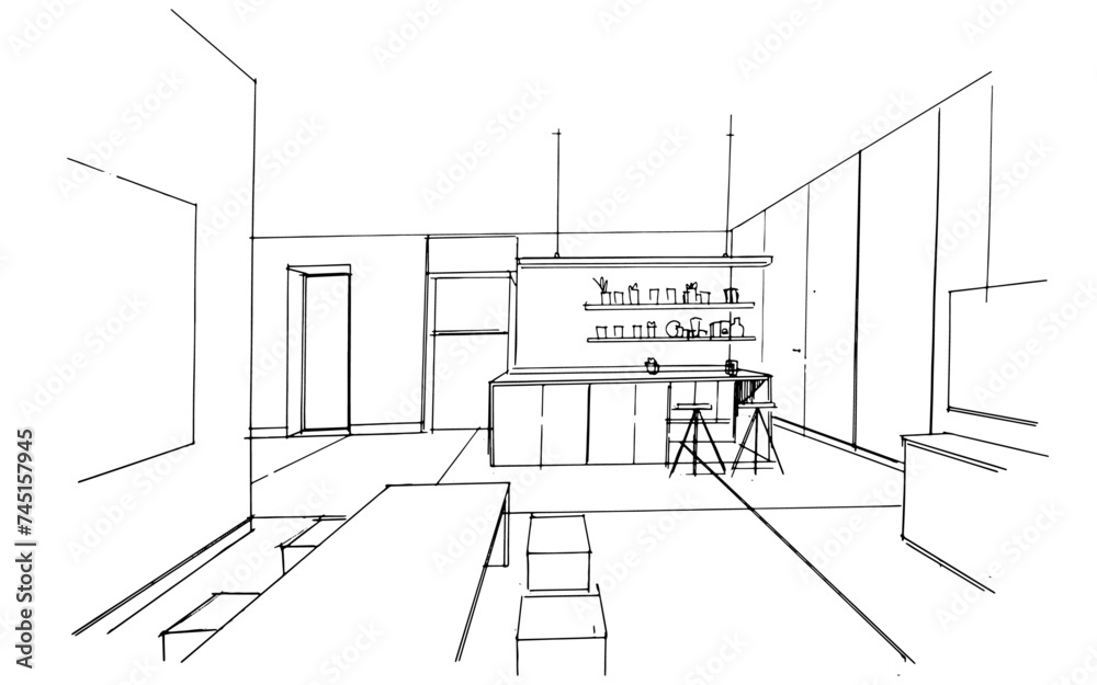 Interior design sketch of the dining area and pantry. , Graphic ...