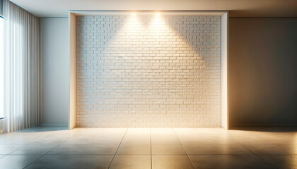Poster - Modern room with sunlight casting shadows on a white brick wall. Generative AI