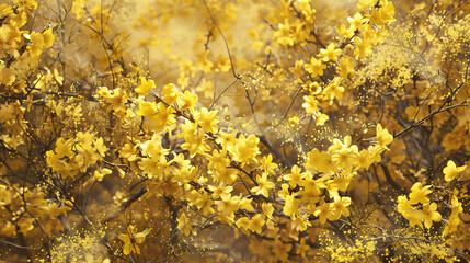 Wall Mural - Forsythia bush exploding in vibrant yellow blooms. 