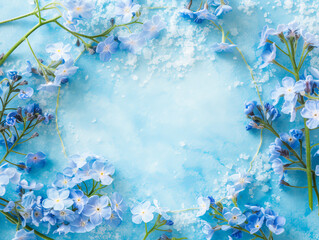 Poster - Vibrant blue blossoms with snow-like speckles on a textured blue background. Winter floral theme. Generative AI