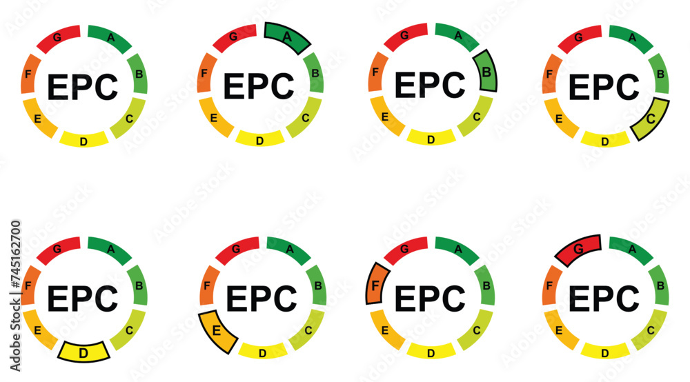 Set of symbols and icons of EPC Class A, B, C, D, E, F, and G for green building and energy performance certificate classification