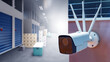 © Grispb - Security camera in warehouse. CCTV with WiFi antennas. Storage space with security camera. Building with storage units. CCTV provides security in warehouse. Storage company equipped with videcam