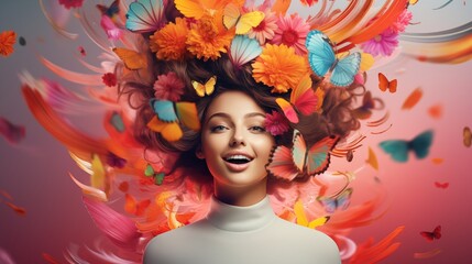 Wall Mural - Portrait of a young woman with flowers above her head.