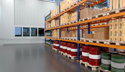 Poster - Factory warehouse. Factory storage area with shelving. Manufactory warehouse with barrels and boxes. Logistics center industrial company. Factory storage area in hangar. Industrial building. 3d image