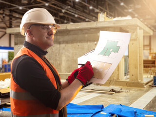 Poster - man builder stands in hangar. architect of industrial building. layout production workshop in hands 