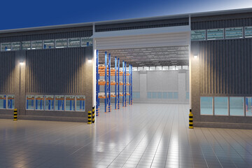 Poster - Warehouse with empty shelves. Storage hangar with gates. Industrial warehouse exterior view. Storage building in evening. Multi-tiered racks in distribution center. Warehouse infrastructure. 3d image