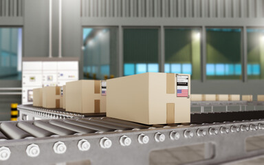 Aufkleber - Conveyor line with boxes in USA. Parcels in automated warehouse. Production line inside hangar. Conveyor with parcels. Cardboard boxes with USA flag. Automated warehouse in America. 3d image