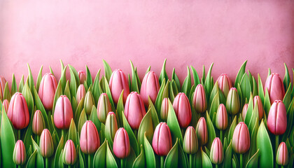 Poster - Vibrant pink tulips with green leaves on a textured pink backdrop. Spring beauty concept. Generative AI