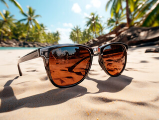 Poster - Closeup of sunglasses on sandy beach with reflection of palm trees in lenses. Ai generative illustration