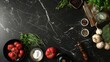 Flat lay of fresh ingredients on dark marble background for healthy cooking concept, with copy space.