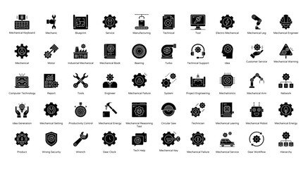 Wall Mural - Mechanical Glyph Icons Blueprint Engineer Industrial  Iconset 50 Vector Icons in Black