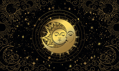 Wall Mural - Golden sun and moon with round orbits, black mystical night sky with clouds and stars, mystical astrological background, heavenly tarot print for witch. Zodiac vector illustration, horoscope.