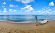 White macrame hammock at the beach. Panoramic photo.