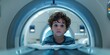 An interested child is behind the gantry of a CT or MRI machine and looks towards the camera. Generative AI.