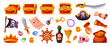 © YummyBuum - Pirate trophy. Cartoon robbers treasures, gems and gold coins, open and closed wooden chests, crown, skull and black flag. Map, sward and bottle. Online games, gui elements, tidy vector set