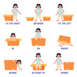Learning english prepositions. Little girl, between and behind carton box, under and on, position relative to object, kids language education, grammar vocabulary, cartoon flat vector set