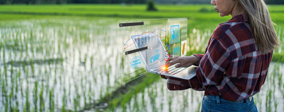 Ai for farming. iot Agriculture technology farmer woman holding tablet or tablet technology to research about agriculture problems analysis data and visual icon.