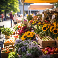 Canvas Print - A farmers market with fresh produce and flowers.