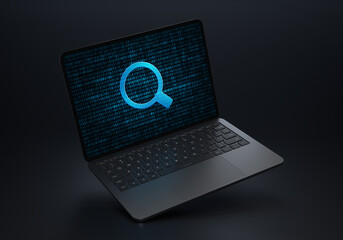 Wall Mural - Laptop device on a dark background with a stylish angled placement showing a Magnifier search icon on the screen. Realistic rendering.