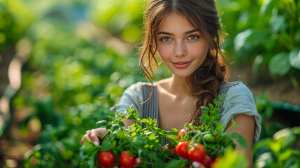 Beautiful young woman working in her garden greenhouse raising fresh vegetables.