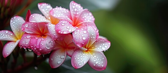 Wall Mural - This close-up shot showcases a pink and white frangipani flower covered in glistening water droplets, reflecting the aftermath of a refreshing rainfall. The delicate petals of the flower contrast