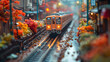 Vibrant City Scenes, Colorful Miniature Model Toy Train Glides Along Urban Railway Tracks, Adding Charm to Cityscapes and Landmarks, Great for City Life Publications.