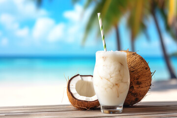 Escape to tropical bliss with this refreshing coconut drink on a serene beach setting