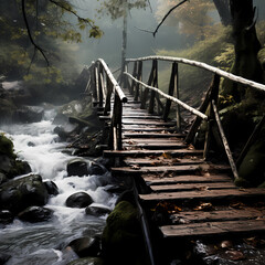 Sticker - Rustic wooden bridge over a bubbling stream.