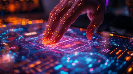 Poster - A hand interacts with a futuristic holographic interface, touching a brightly lit digital icon amidst an array of advanced technology symbols.