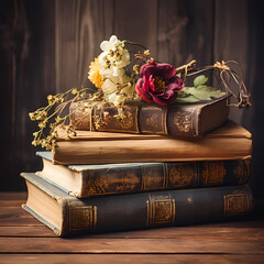 Wall Mural - Vintage books stacked on a rustic wooden table. 