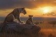 Intimate Moment of a Lioness with Her Cub on a Rock in the Maasai Mara National Reserve at Dusk