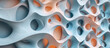 Combinations of curves and holes, 3d pattern in blue, orange and pale blue color with waves and wavy shapes