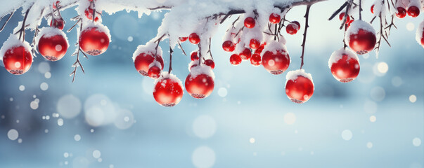 Wall Mural - Beautiful bright christmas decoration with red christmass tree balls, amazing snow forrest background