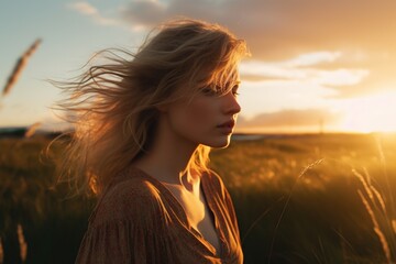 Poster - A woman standing in a field at sunset. Ideal for outdoor and nature-themed designs