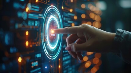 Poster - A close-up of a finger poised to touch a vibrant and dynamic digital interface with glowing circuits and futuristic technology.