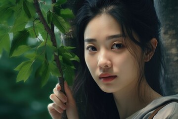 Poster - Woman holding a branch of a tree, suitable for environmental concepts