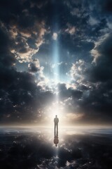 Poster - A man standing on top of a cloud covered sky. Suitable for various concepts and designs