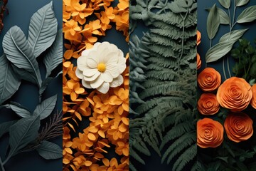 Poster - A variety of flowers and leaves arranged in a colorful collage. Suitable for botanical and nature-themed projects