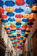Poster - Colorful umbrellas suspended from the ceiling, perfect for adding a pop of color to any space