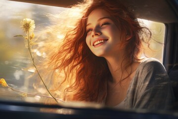 Poster - A woman with long red hair sitting in a car. Suitable for automotive and lifestyle concepts